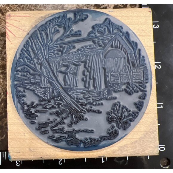 Vintage Stampendous! Christmas Etchling Rubber Stamp Covered Bridge Q048 - Picture 2 of 6